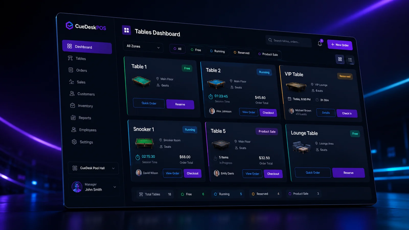 Angled CueDeskPOS pool hall table management dashboard